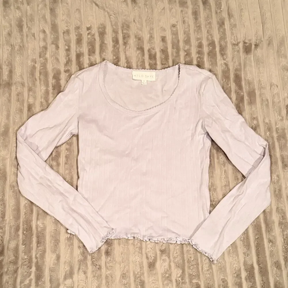 Wild Skye Light Blue/Gray‎ Pointelle Ribbed Long Sleeve Lettuce Edge Top Size S